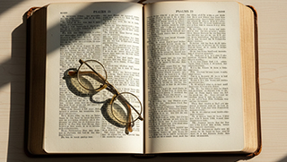 An open, worn leather Bible on a wooden table, symbolizing a strong biblical foundation.